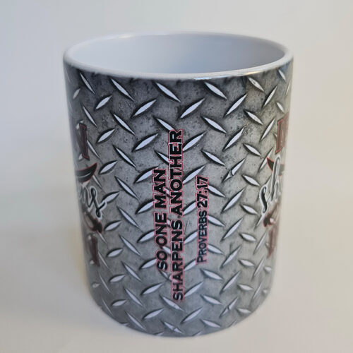 MUG007 2 CTR Iron Sharpens Iron white handle centre