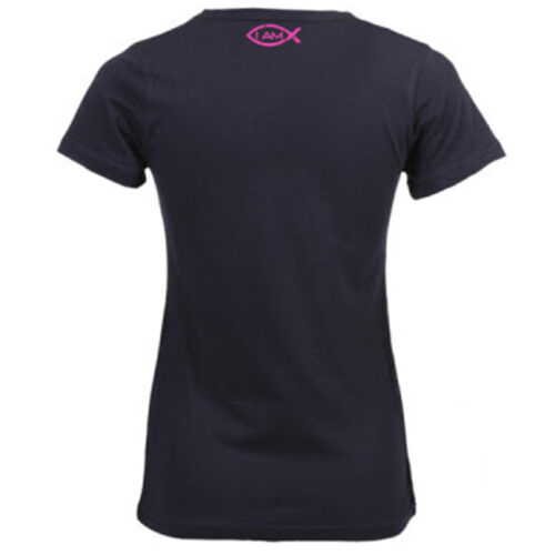 Christian Ladies T shirt back of T shirt with pink logo