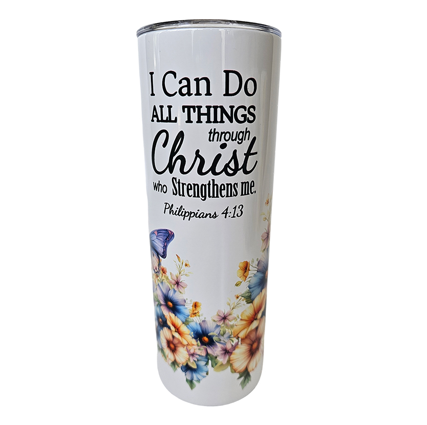 TUM-006 20oz Tumbler Butterflies & Flowers, Philippians 4:13 Front