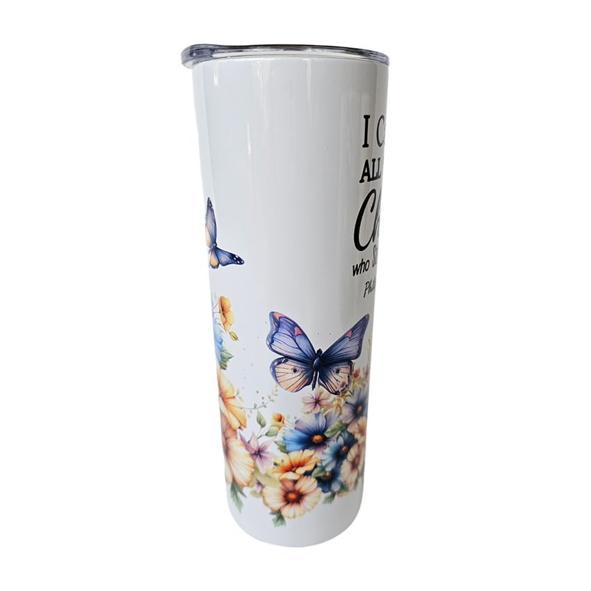 TUM-006 20oz Tumbler Butterflies & Flowers, Philippians 4:13 LFTSIDE